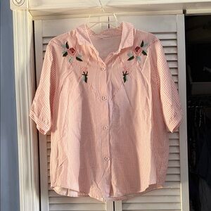 Pink Striped Button-Up Shirt with Floral Embroidery